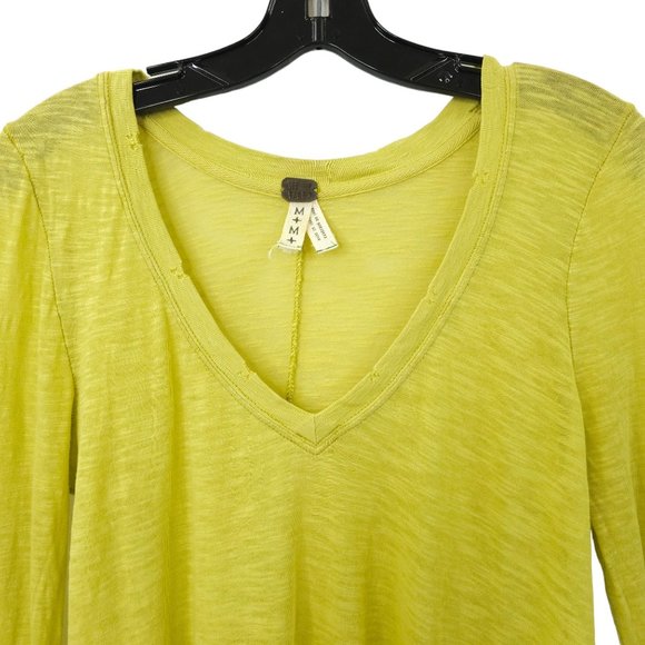 Free People We The Free T Shirt Womens M Yellow V Neck Distressed Long Sleeve - Picture 11 of 16